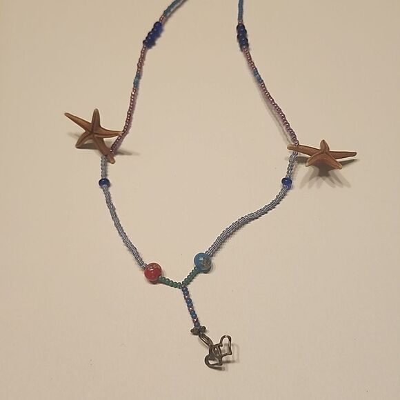 Sterling Silver Double Heart Pendant On Beaded Beach Theme Starfish Necklace - Picture 1 of 6